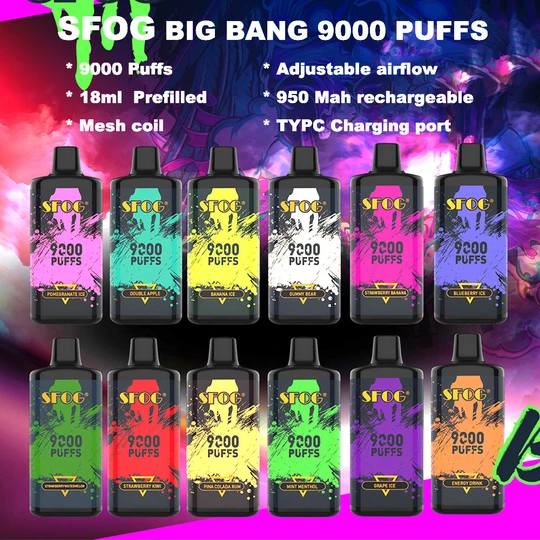 sfog big bang 9000 puffs disposable vape puff 9k vaper 18ml prefilled 12 flavors vapes