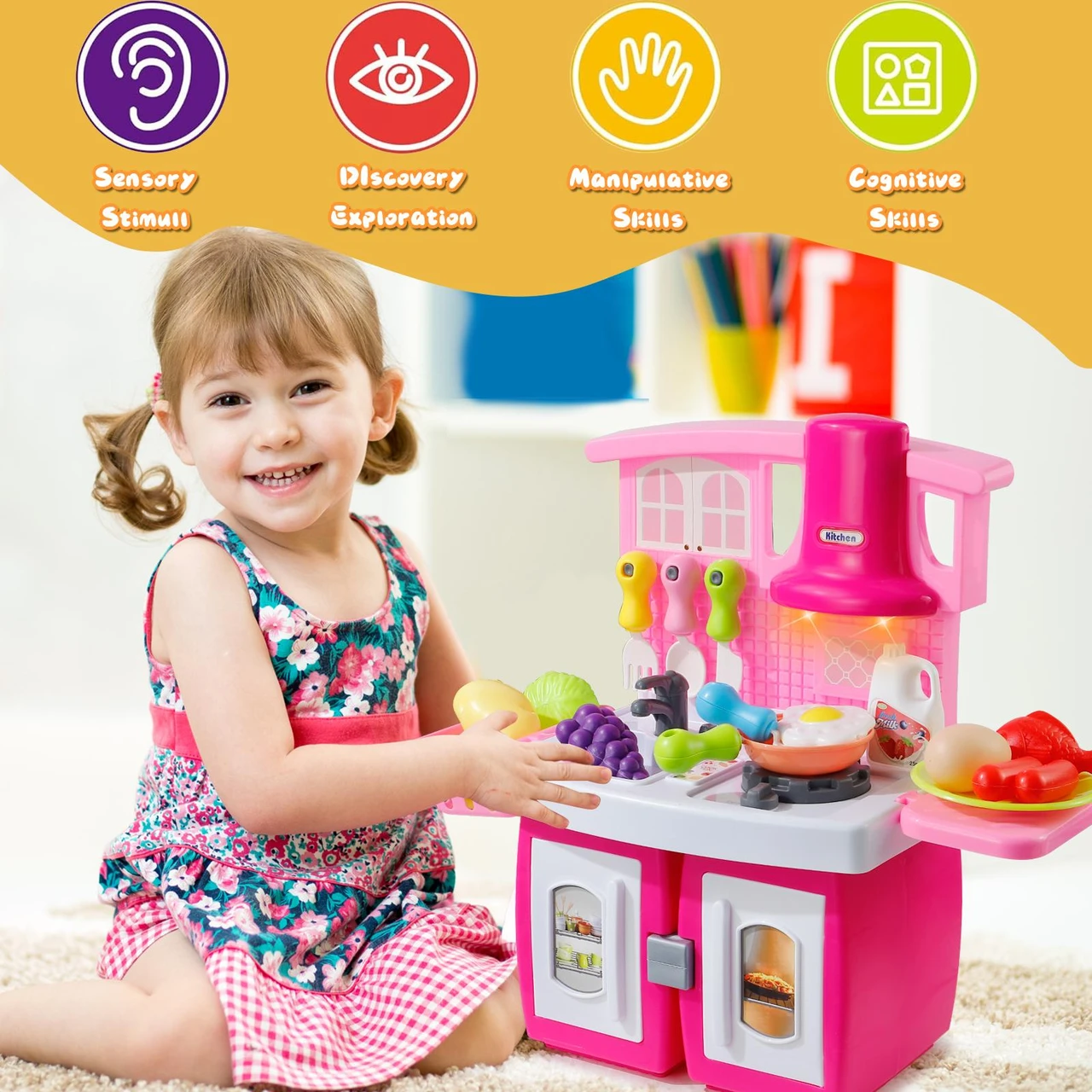 Deformable Kitchen Playset Toy for Girls Two Forms Cooking Toy for Kids with Rich Accessories