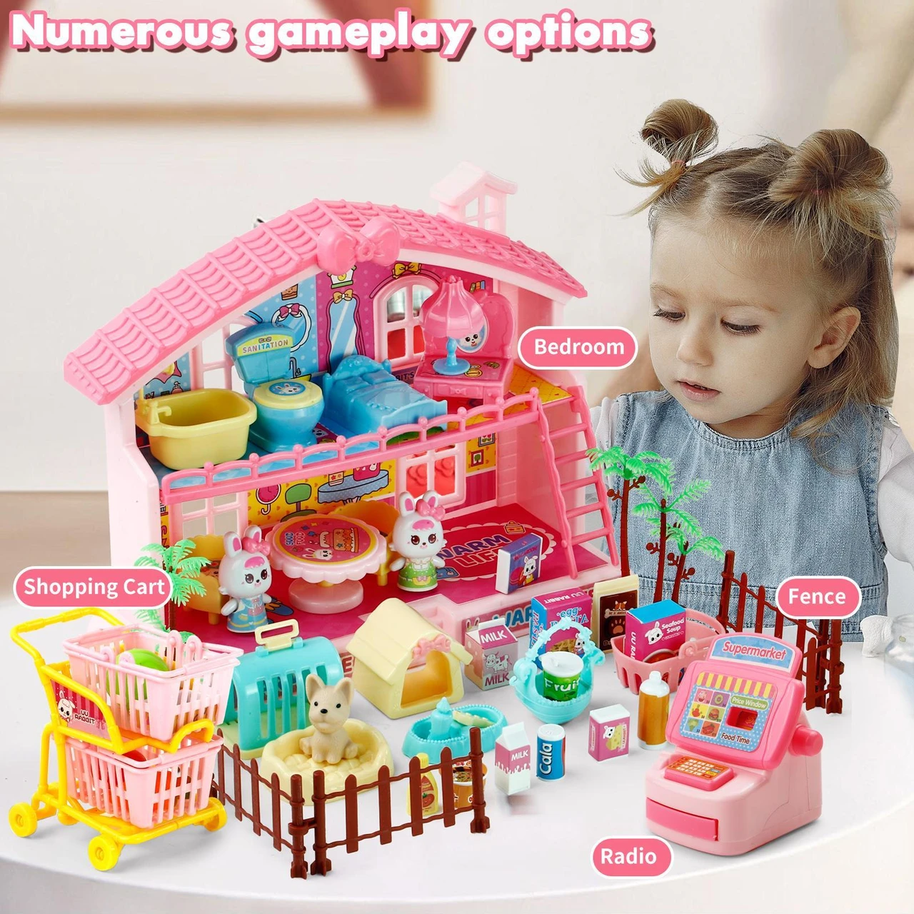 48 PCS Mini Play House Toy for Girls, Figure House Playset Playhouse with Doll and Furniture & Accessories
