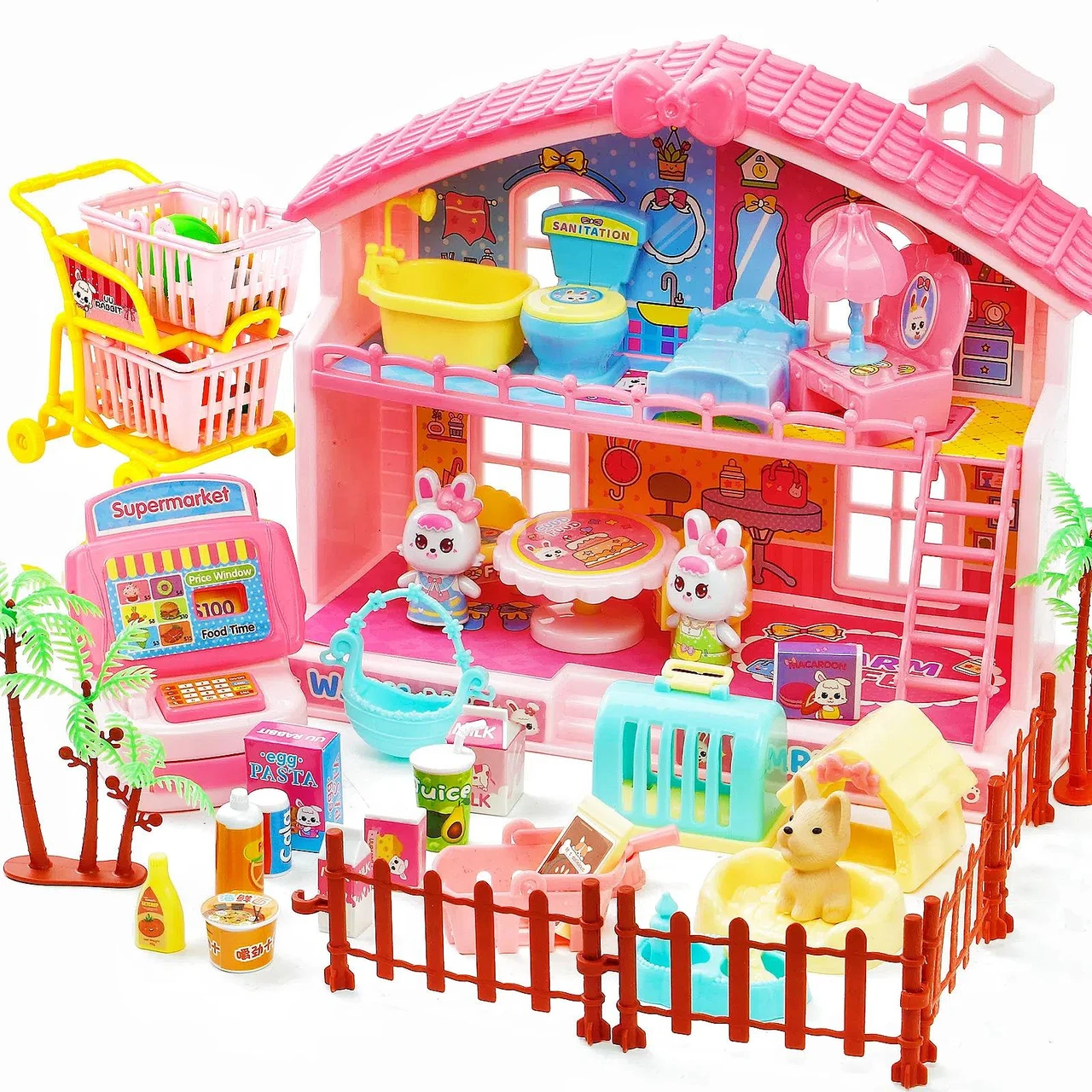 48 PCS Mini Play House Toy for Girls, Figure House Playset Playhouse with Doll and Furniture & Accessories
