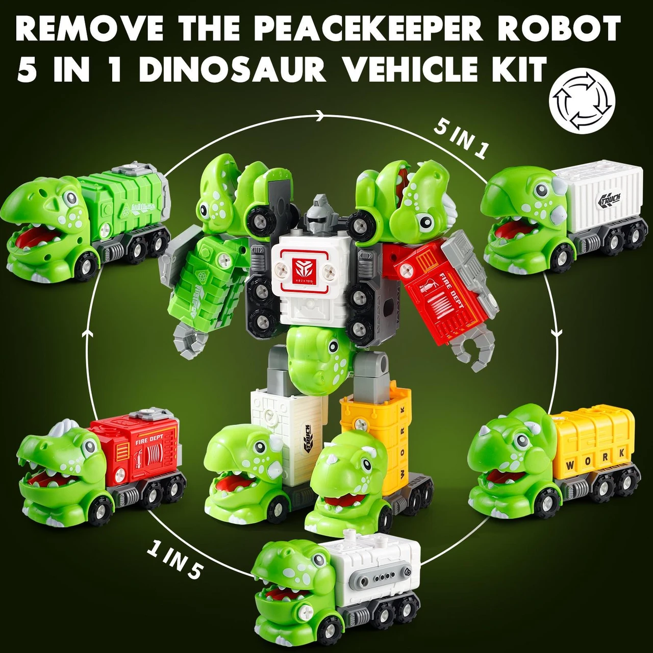 5-in-1 Transforming Dinosaur Truck and Robot Toy: Take-Apart Dinosaur Truck with Robot Conversion for Kids