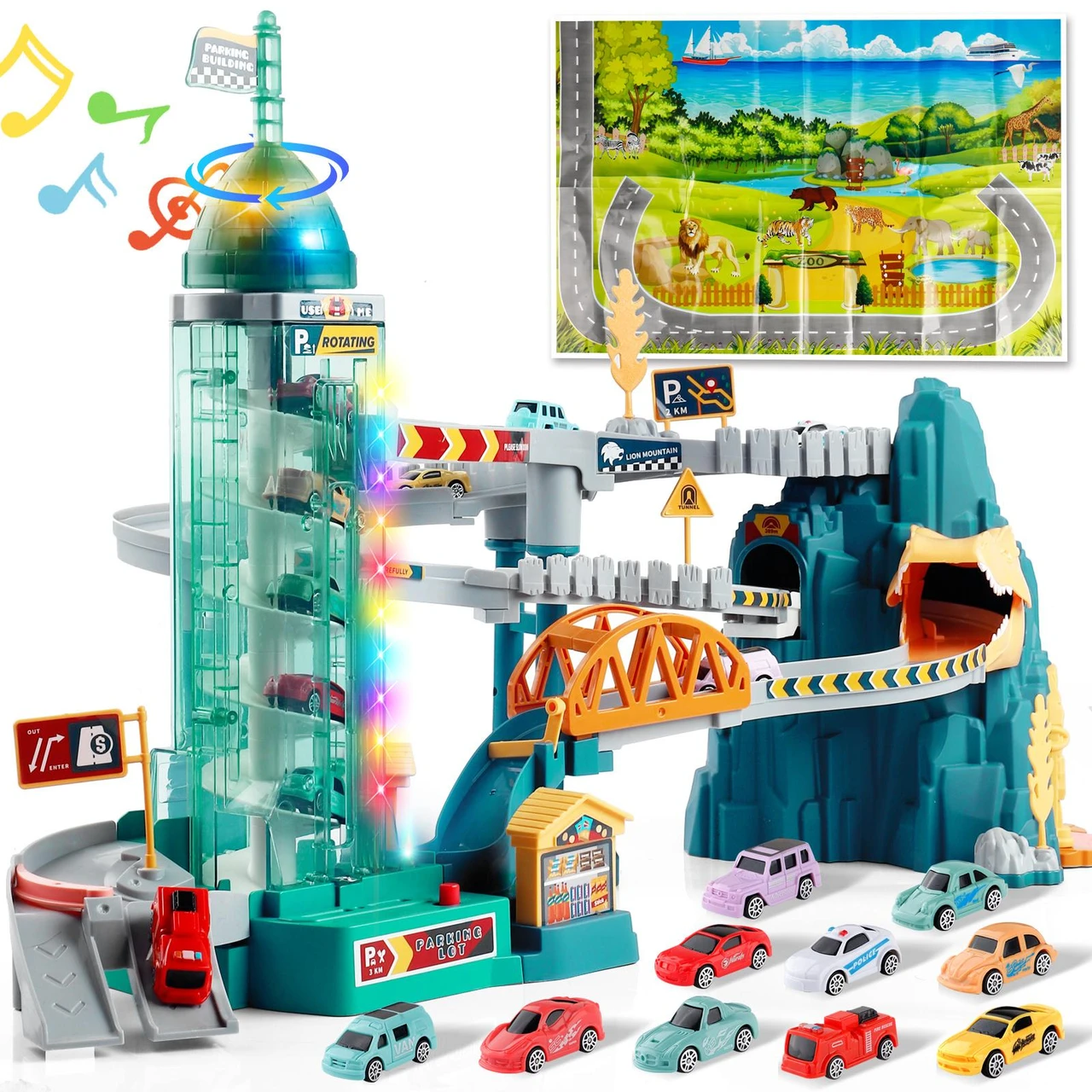 King Size Dino Hill Rotating Elevator Race Track Playset Toys for Kids Car Ramp Track Set Adventure Car Garage Parking Toy