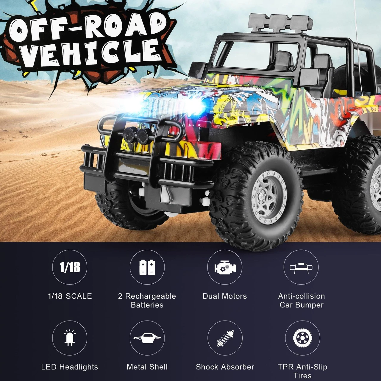 RC Monster Jeep Car- 1:18 Scale Jeep Remote Control Car, 2.4GHz Off-Road All-Terrain Vehicle