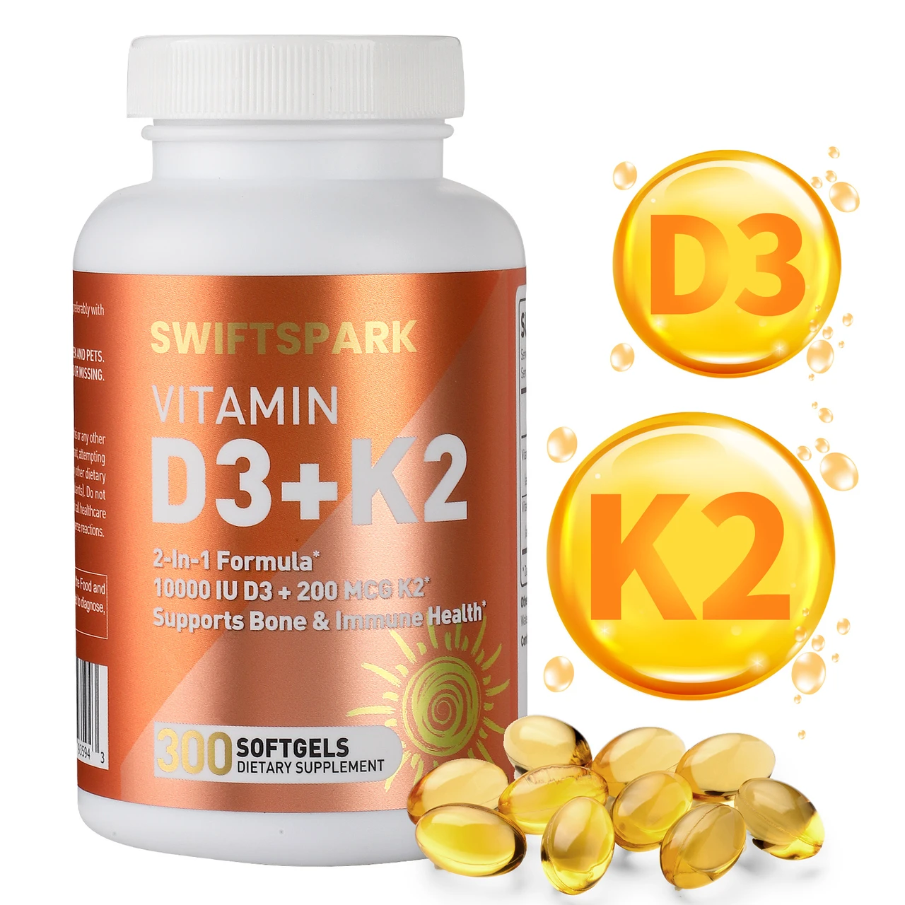 Vitamin D3 K2 2-in-1 Formula – 10,000 IU D3 + 200 mcg K2 – Bone, Teeth, Muscle & Immune Support – 300 Softgels