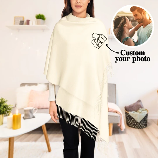 Personalized Embroidery Scarf Custom Line Drawing Scarf Warm Fringe Shawl Gift for Lovers