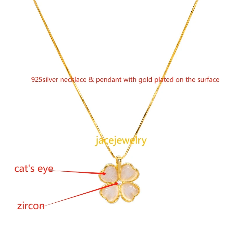 Gold Plated 925 Silver Pendant With A Zircon In The Middle And 4 Cat's Eye Heart-Shape Leafs, Gold Plated Silver Necklace For Women