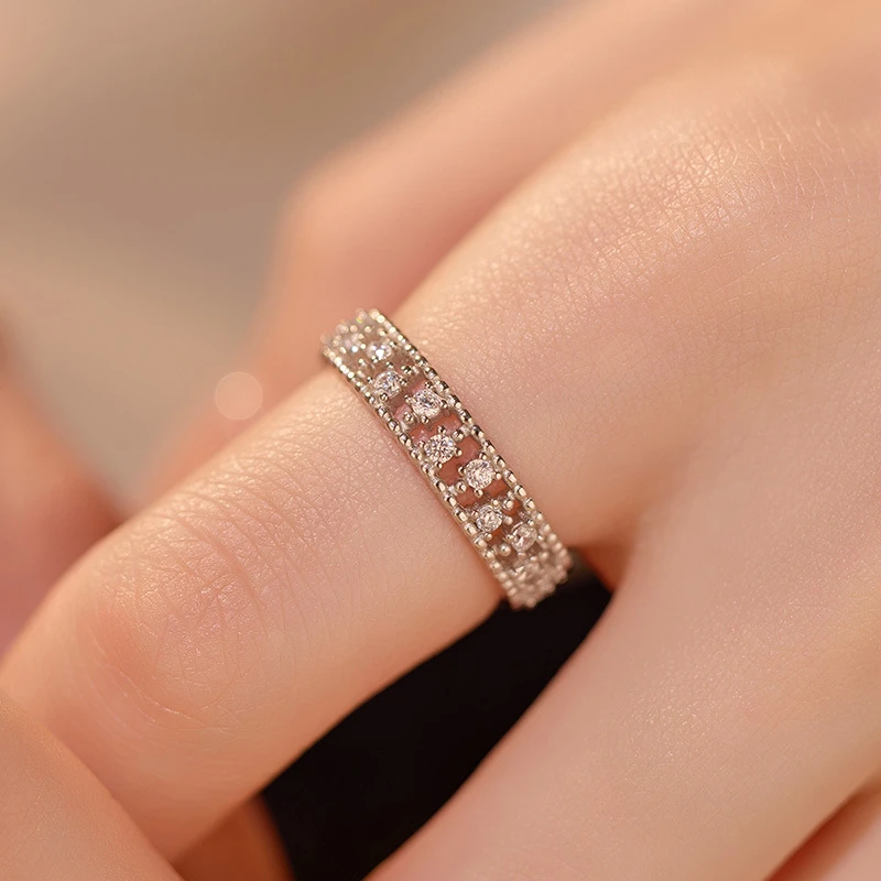 925 Silver Light Luxury Meteor Zircon Ring, Women's Ancient French Lace Beaded Exquisite Open Mouth Ring