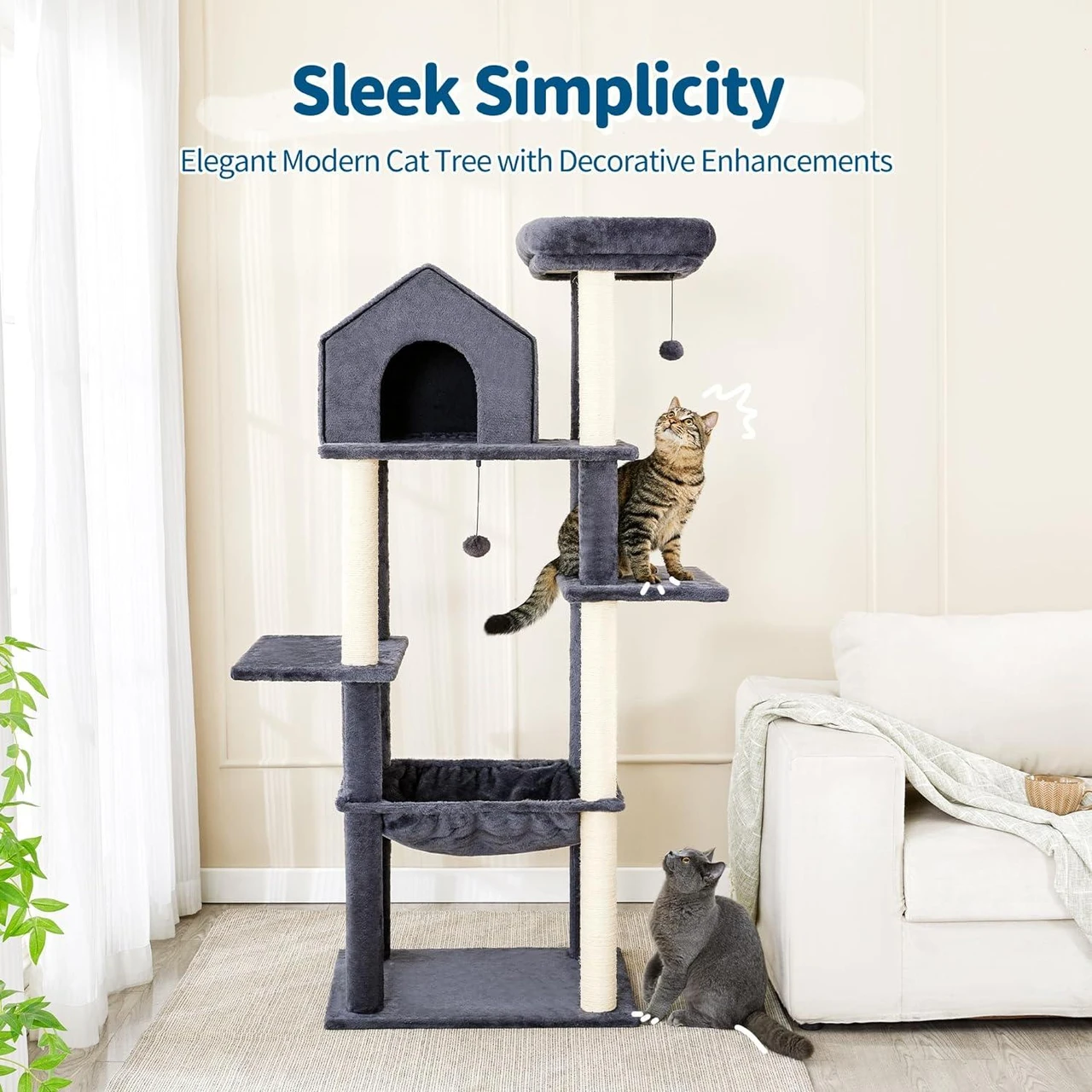60 inch Cat Tower for Indoor Cats, Multi-Level Cat Tree with Plush Hammock
