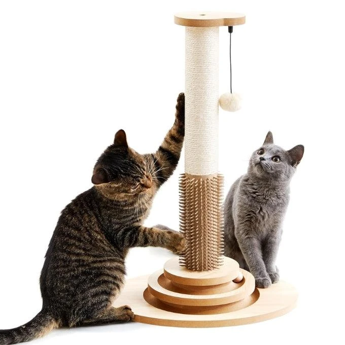 starway 23" Tall Cat Scratching Post, Sisal Cat Tree with Self Groomer for Indoor Cats, 4-in-1 Interactive Trackball Toys, Vertical Cat Climbing Tree with Dangling Plush Balls