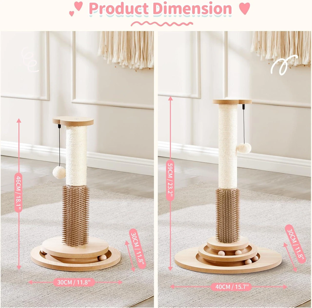 starway 23" Tall Cat Scratching Post, Sisal Cat Tree with Self Groomer for Indoor Cats, 4-in-1 Interactive Trackball Toys, Vertical Cat Climbing Tree with Dangling Plush Balls