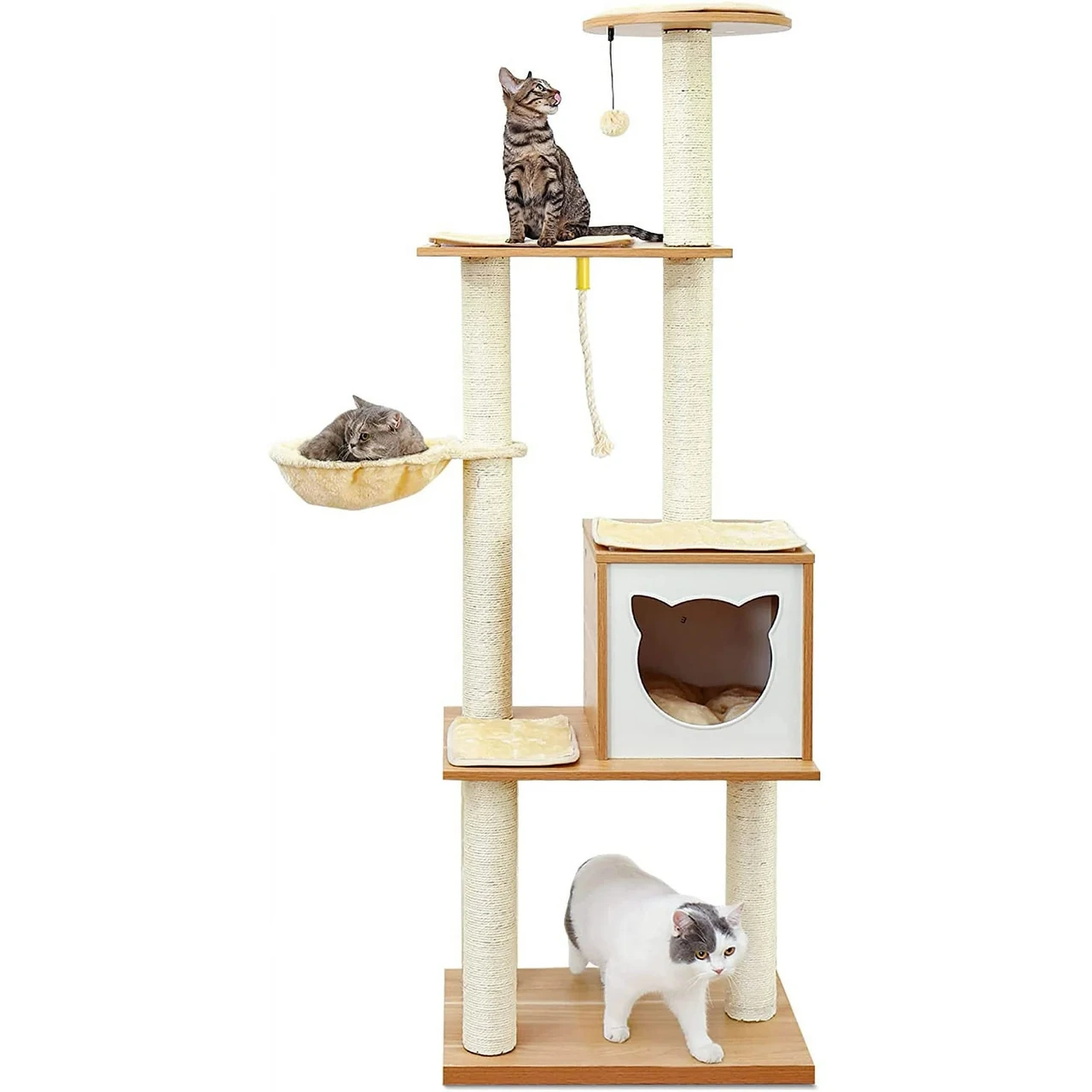 Modern Cat Tree Tower for Indoor Cats - 65" Tall Wood Condo with Hammock, Scratching Post and Removable Pads