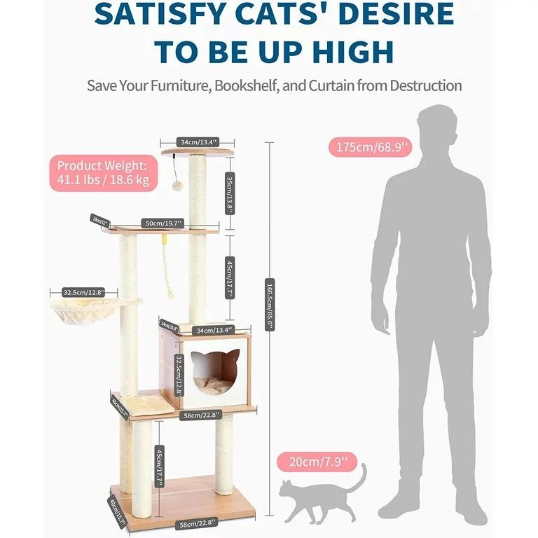 Modern Cat Tree Tower for Indoor Cats - 65" Tall Wood Condo with Hammock, Scratching Post and Removable Pads