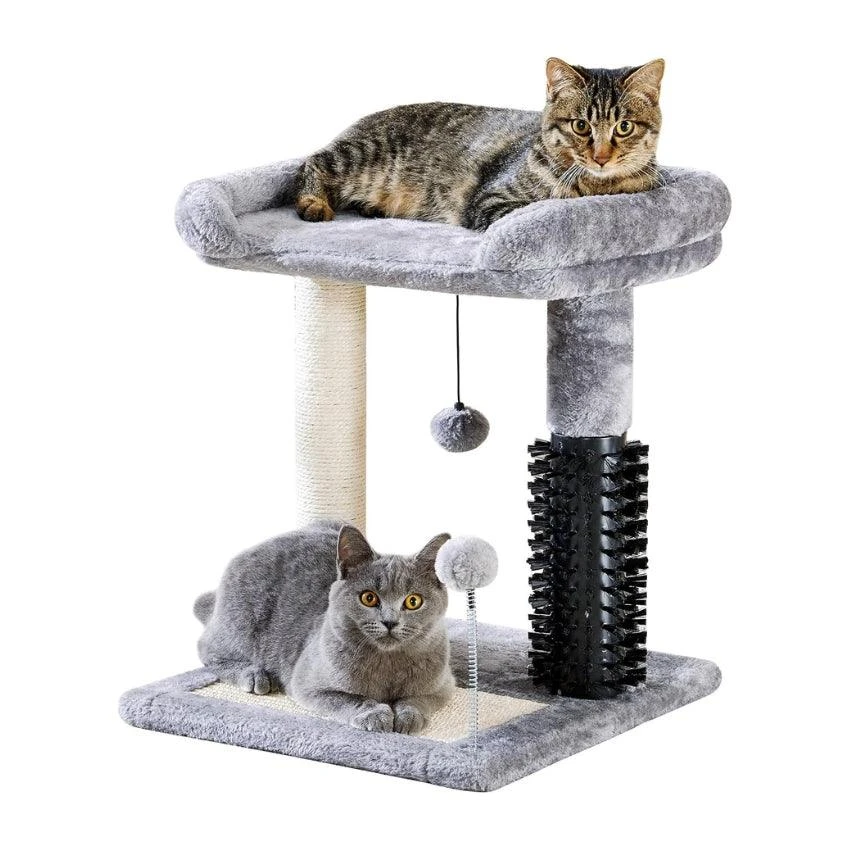 starway Cat Scratching Post, Small Cat Tree Tower 4-in-1 with Cat Self Groomer Brush, 20" Natural Sisal Cat Scratcher, Soft Plush Cat Perch Bed with Dangling Ball for Indoor Kittens, Grey