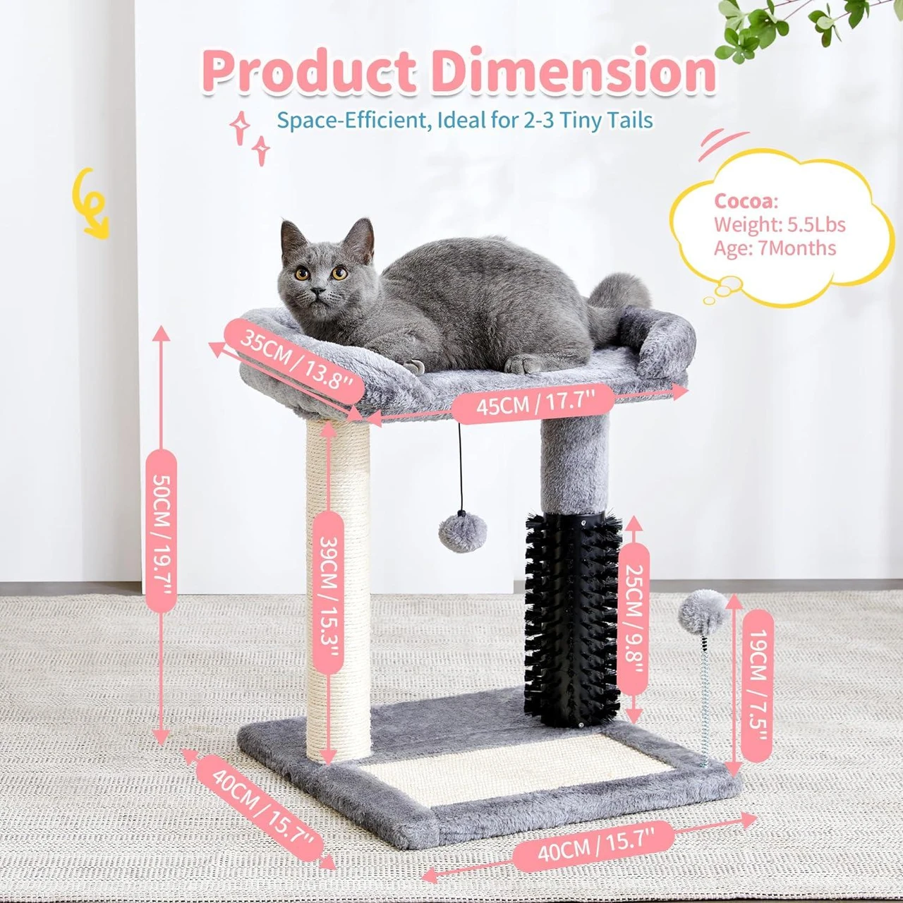 starway Cat Scratching Post, Small Cat Tree Tower 4-in-1 with Cat Self Groomer Brush, 20" Natural Sisal Cat Scratcher, Soft Plush Cat Perch Bed with Dangling Ball for Indoor Kittens, Grey