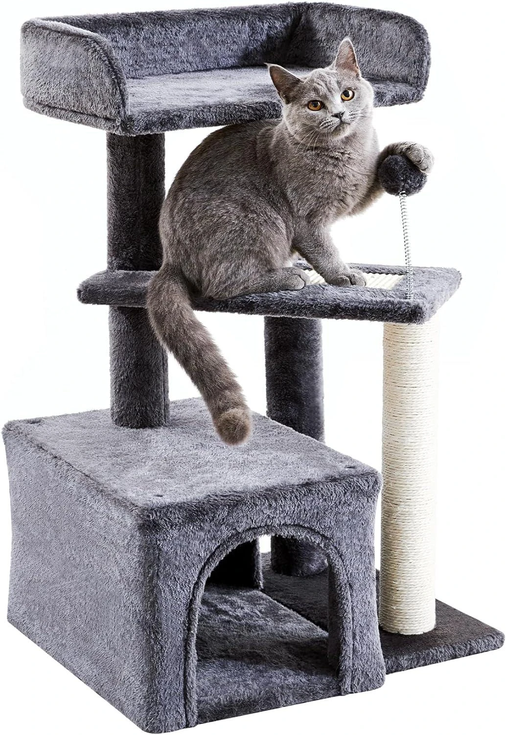 starway Cat Tree, Carpet Cat Tower Grey for Indoors Cats, Cute Wood Kitty Condo with Scratching Post and Pad, 27" Multi-Level Modern Activity Climbing Furniture for Small and Medium Cats