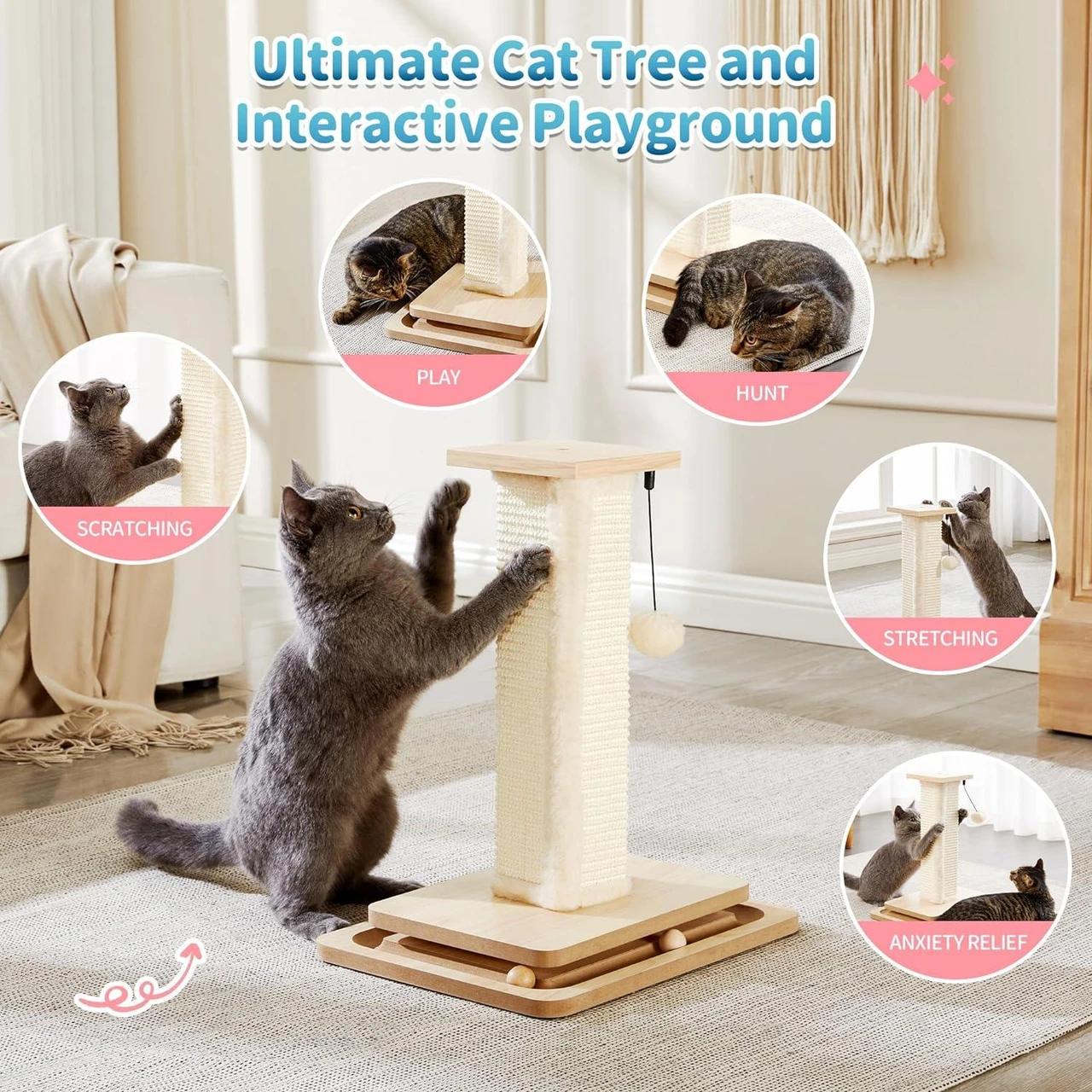 starway Cat Scratching Post, Cat Tree Tower with Sisal Post and Interactive Toy, 18", Beige