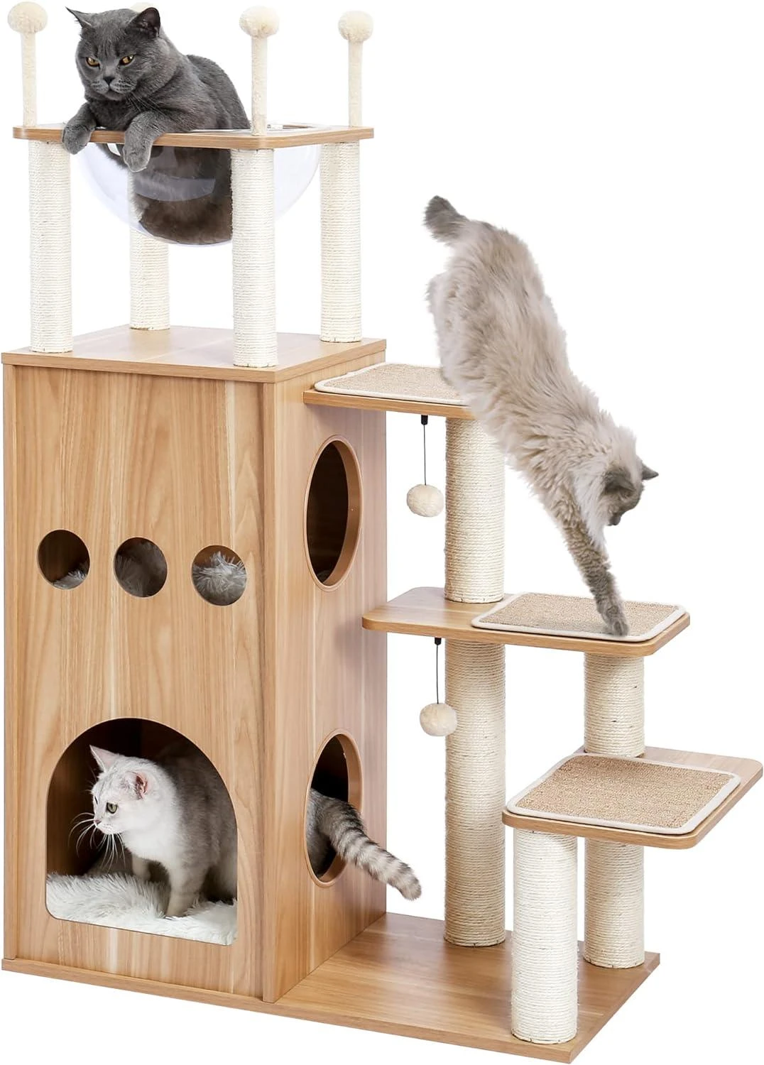 starway Modern Cat Tree for Large Cat, Wood Cat Tower Heavy Duty with Scratch Post for Indoor Big Cats, 51" Extra Tall Cat Condo Sturdy Frisco Castle with Clear Bowl for Kittens Maine Coon 20Lbs