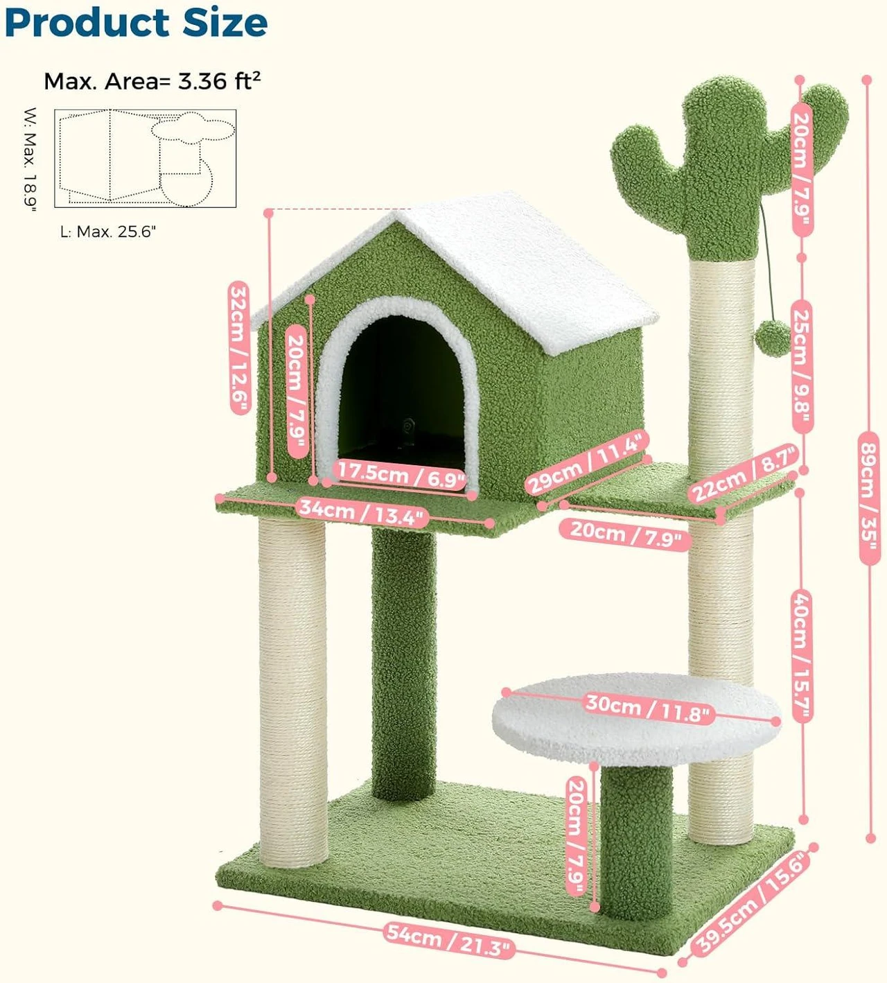 starway Cat Tree Cat Tower with Cozy Cat Condo, Cute Cactus Cat Tree Tower with Cat Scratching Post, Cat House, Cozy Platform, Perch for Cats Kittens