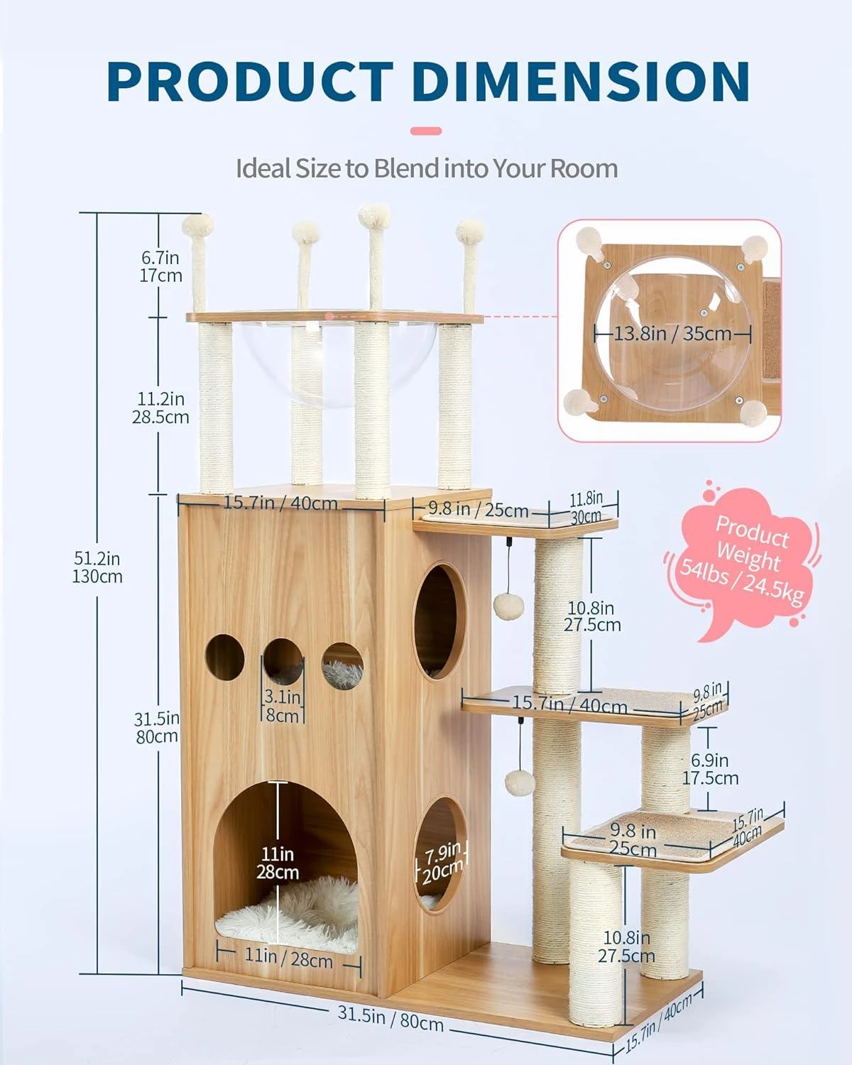 starway Modern Cat Tree for Large Cat, Wood Cat Tower Heavy Duty with Scratch Post for Indoor Big Cats, 51" Extra Tall Cat Condo Sturdy Frisco Castle with Clear Bowl for Kittens Maine Coon 20Lbs