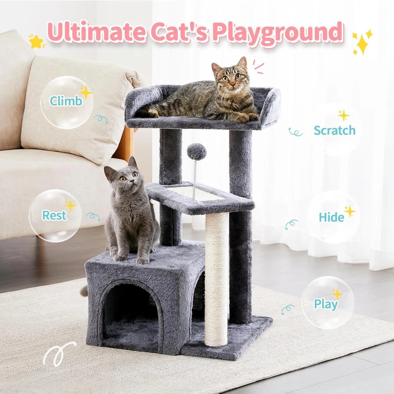starway Cat Tree, Carpet Cat Tower Grey for Indoors Cats, Cute Wood Kitty Condo with Scratching Post and Pad, 27" Multi-Level Modern Activity Climbing Furniture for Small and Medium Cats