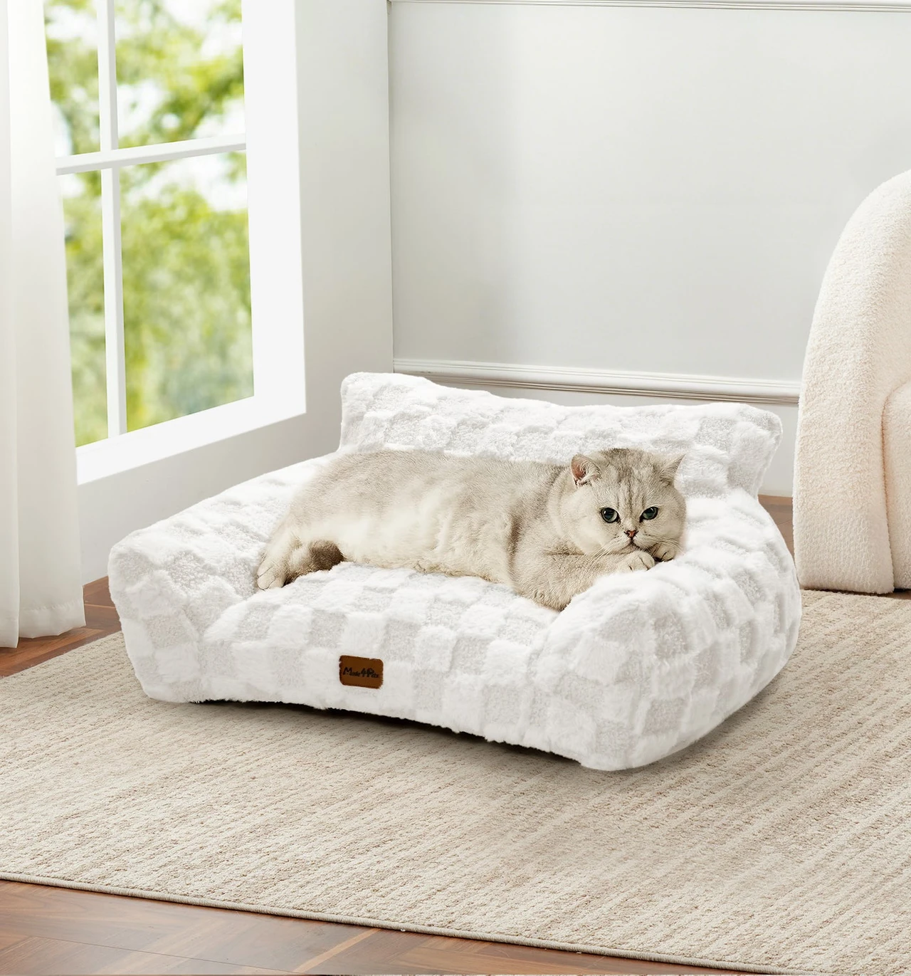 Soft Cat Couch Bed, Faux Fur Checkered Pet Sofa