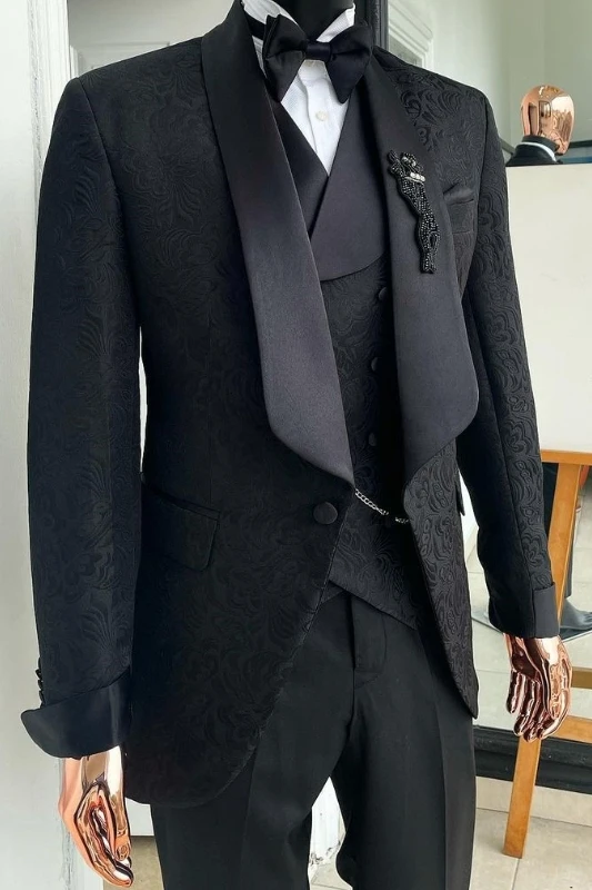 Alston Bespoke Black Jacquard Three Pieces  New Arrival Wedding Suits For Men