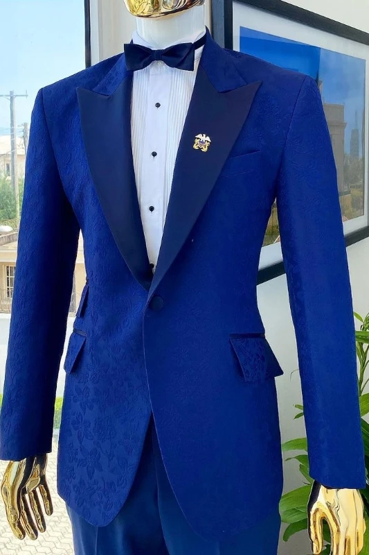 Alan Dark Blue Peaked Lapel Slim Fit Jacquard Prom Men Suits