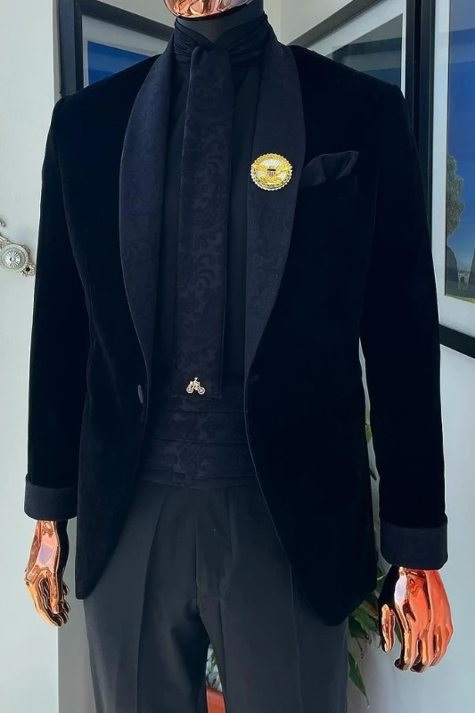 Allen Chic Black Shawl Lapel Two Pieces Velvet Men Suits For Wedding