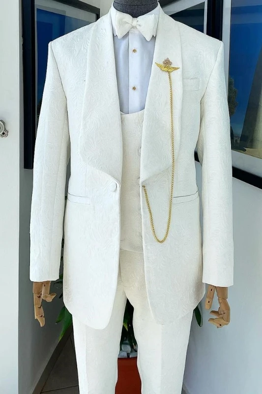 Algernon Fancy White Jacquard Shawl Lapel Three Pieces Wedding Suits