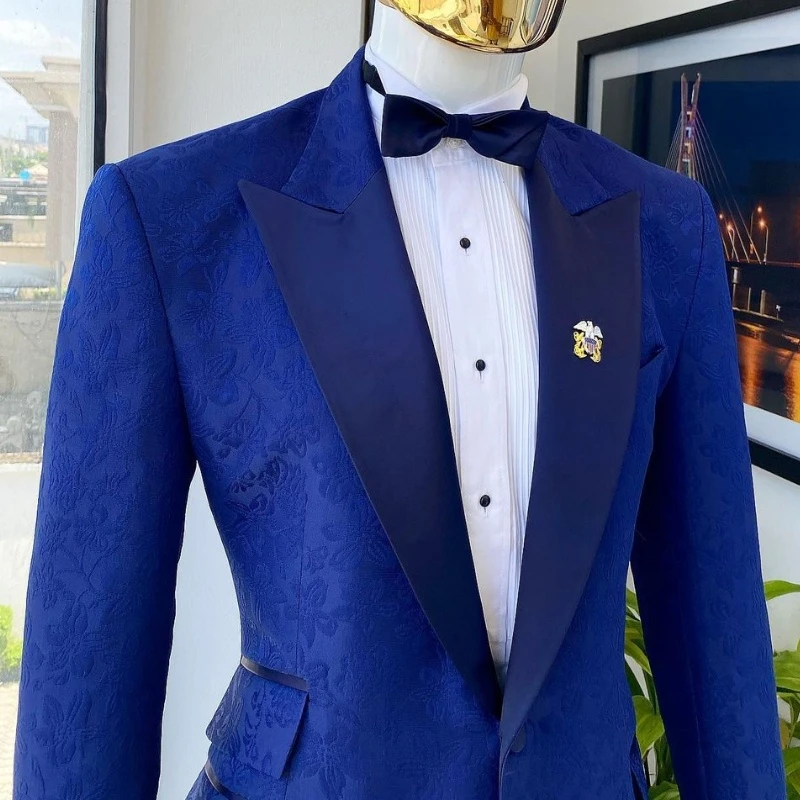 Alan Dark Blue Peaked Lapel Slim Fit Jacquard Prom Men Suits