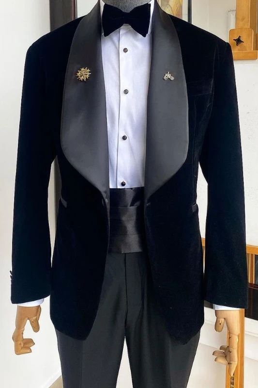 Aldrich Bespoke Black Shawl Lapel Two Pieces Velvet Men Suits For Wedding