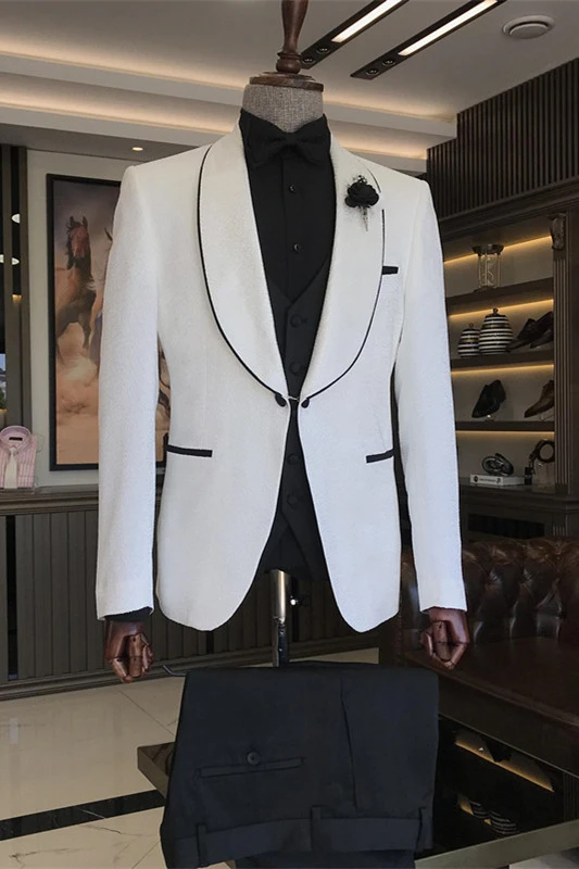 New Arrival White Three Pieces Jacquard Shawl Lapel Wedding Men Suit