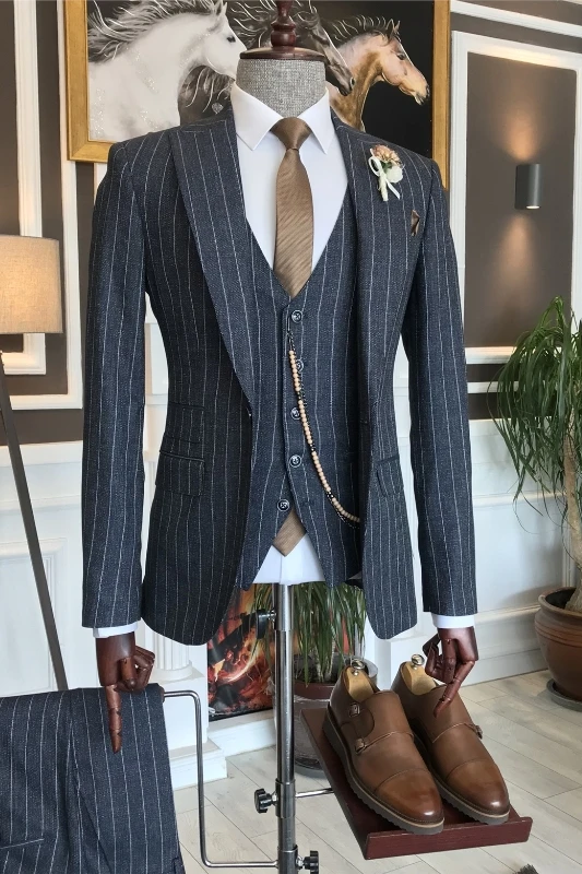 Bertram Handsome Dark Gray Peaked Lapel Three Pieces Business Suits