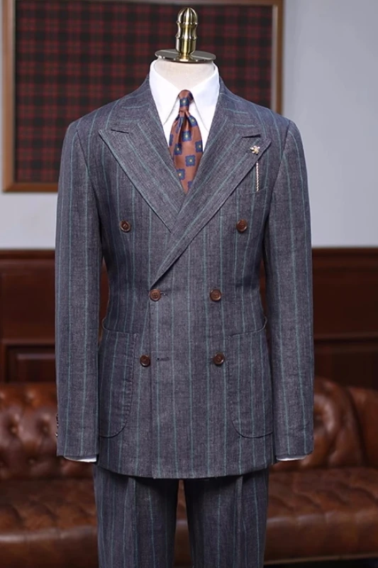 Bradley Generous Dark Gray Striped Peaked Lapel Double Breasted Business Suits