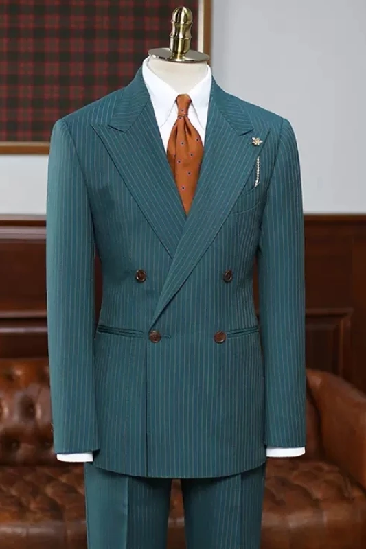 Booth Classical Ocean Blue Striped Peaked Lapel Double Breasted Prom Suits