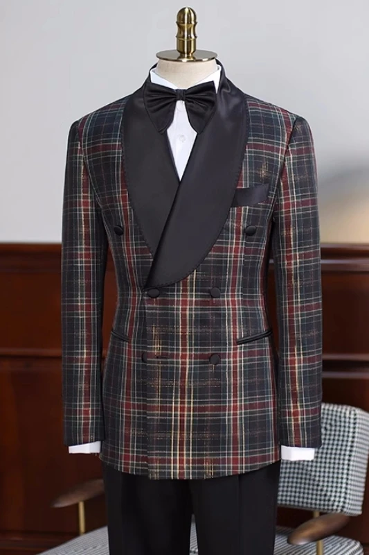 Brandon Handsome Black Plaid Shawl Lapel Double Breasted Prom Suits