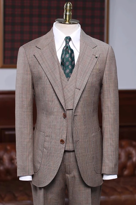 Boyce Fashion Khaki Plaid Notched Lapel Three Pieces Prom Suits