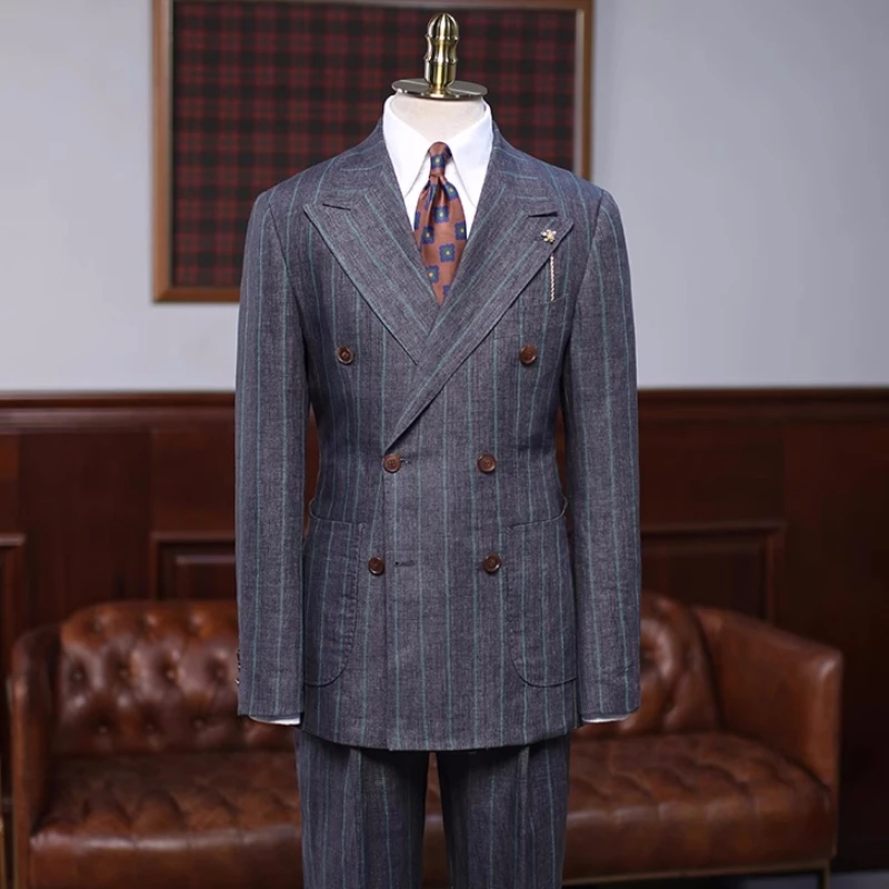 Bradley Generous Dark Gray Striped Peaked Lapel Double Breasted Business Suits
