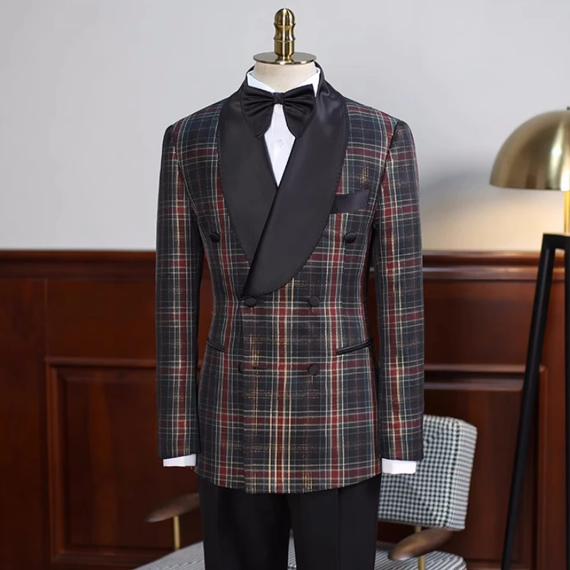 Brandon Handsome Black Plaid Shawl Lapel Double Breasted Prom Suits