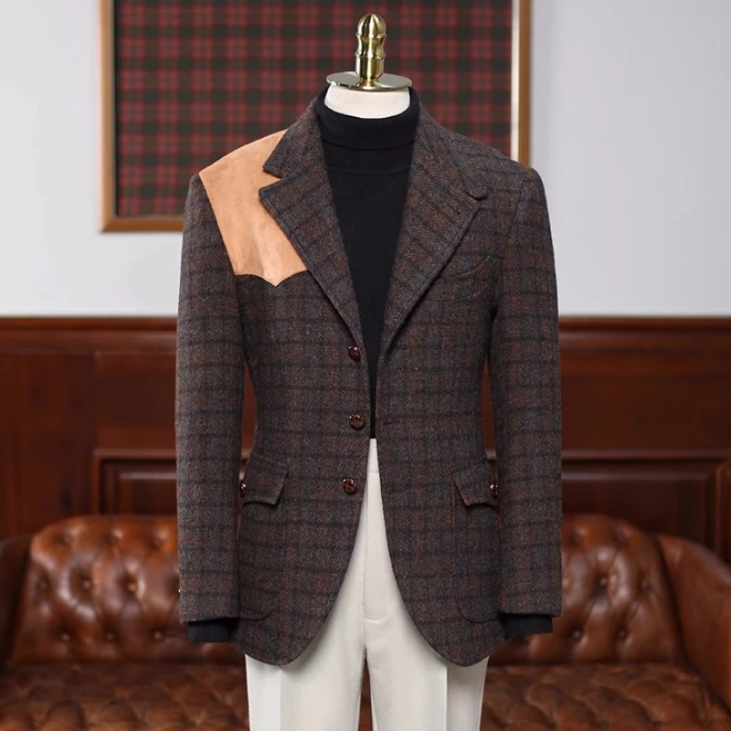 Bob Chic Brown Plaid Notched Lapel Prom Suits