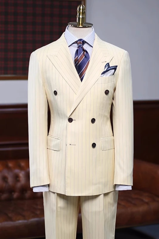 Burton Chic Beige Peaked Lapel Double Breasted Striped Prom Suits