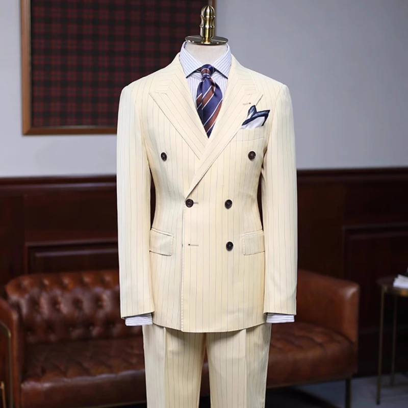 Burton Chic Beige Peaked Lapel Double Breasted Striped Prom Suits