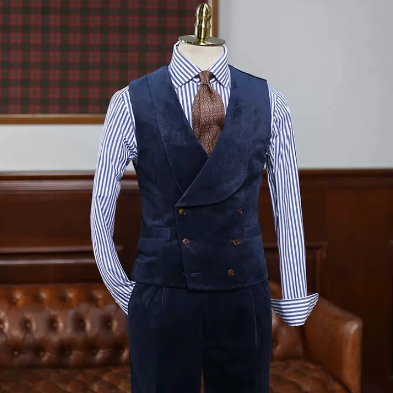 Cedric New Arrival Navy Blue Notched Lapel Three Pieces Velvet Prom Suits