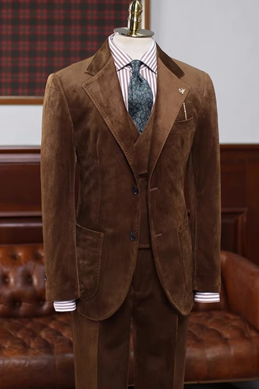 Cecil Modern Brown Notched Lapel Three Pieces Velvet Prom Suits