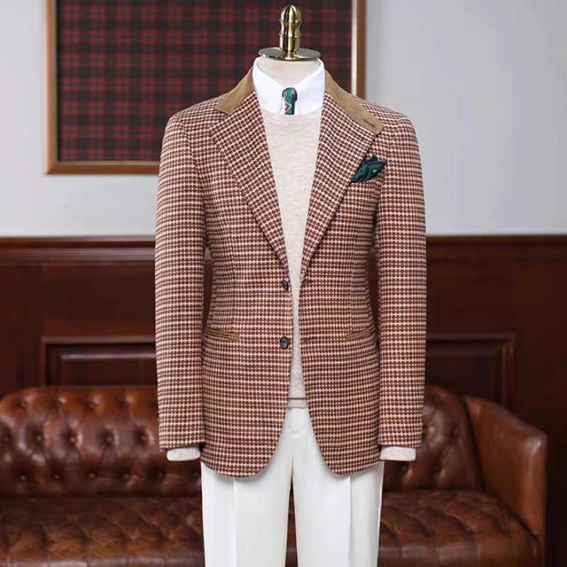 Chester Chic Brown Plaid Notched Lapel Prom Suits For Men