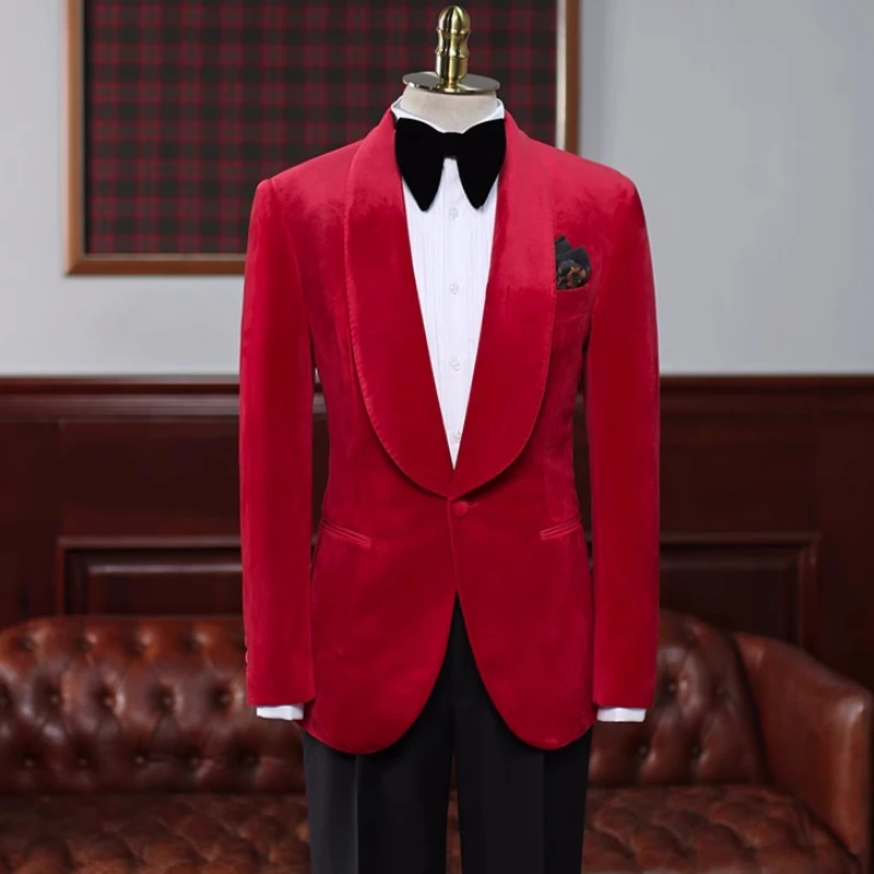 Chris Charming Red Shawl Lapel Velvet Wedding Suits For Men