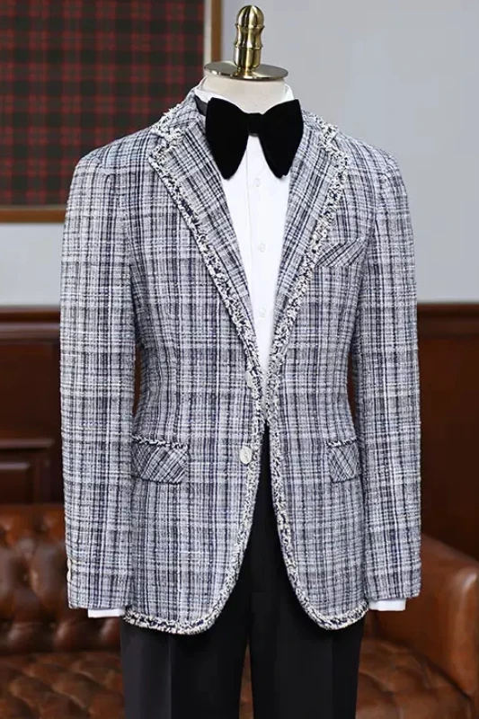 Christian Generous Gray Plaid Notched Lapel Prom Suits For Men