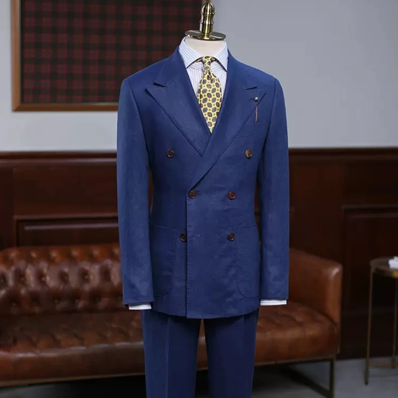 Clare Modern Dark Blue Peaked Lapel Double Breasted Prom Suits