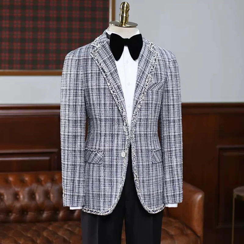 Christian Generous Gray Plaid Notched Lapel Prom Suits For Men