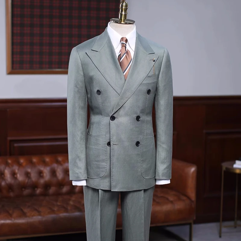 Clarence Newest Sage Peaked Lapel Double Breasted Prom Suits